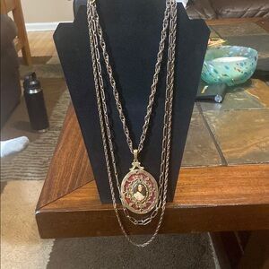Victorian Style Gold-tone and Red 3-Strand Portrait Necklace